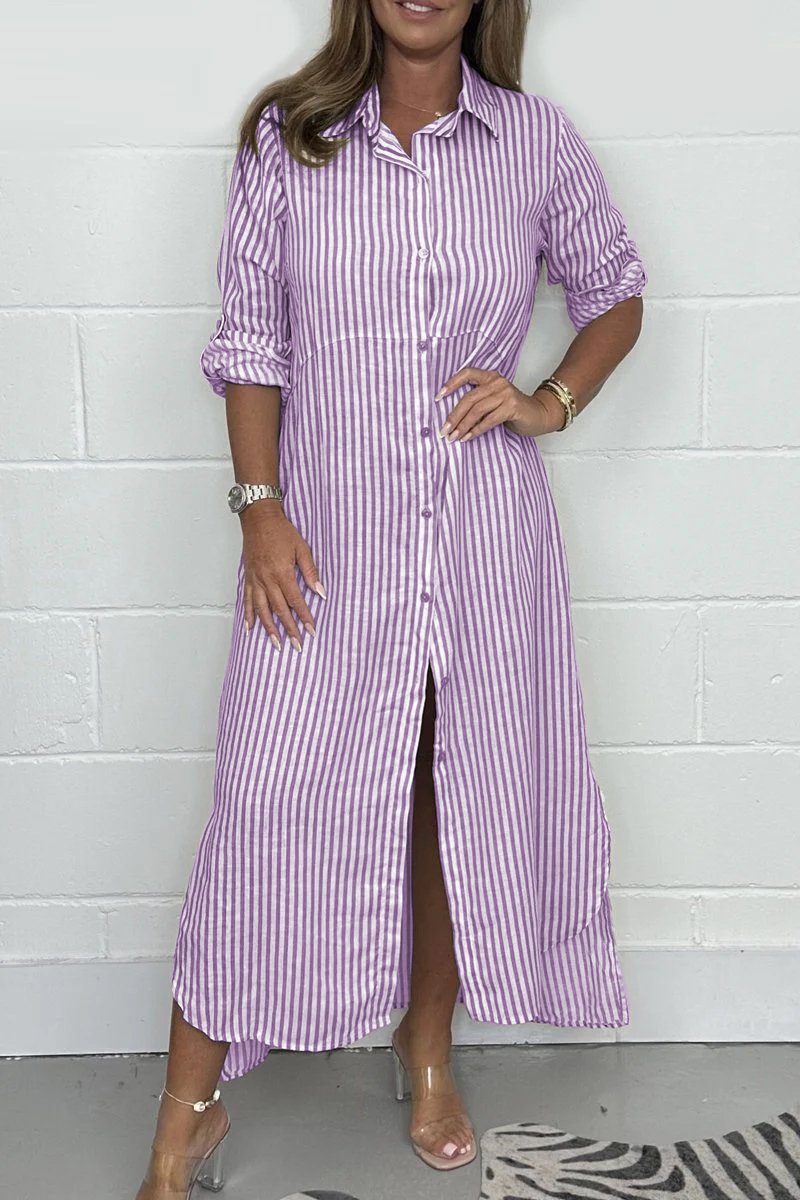 Women's Striped Button Long Shirt Dress Purple