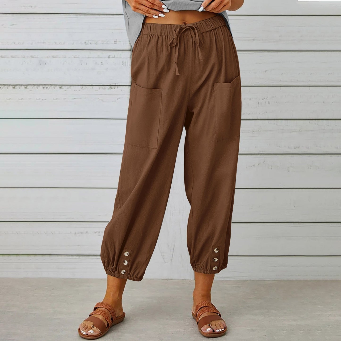 Women's Linen Cotton Pocket Ruffle Casual Pants Wide Leg Pants Brown