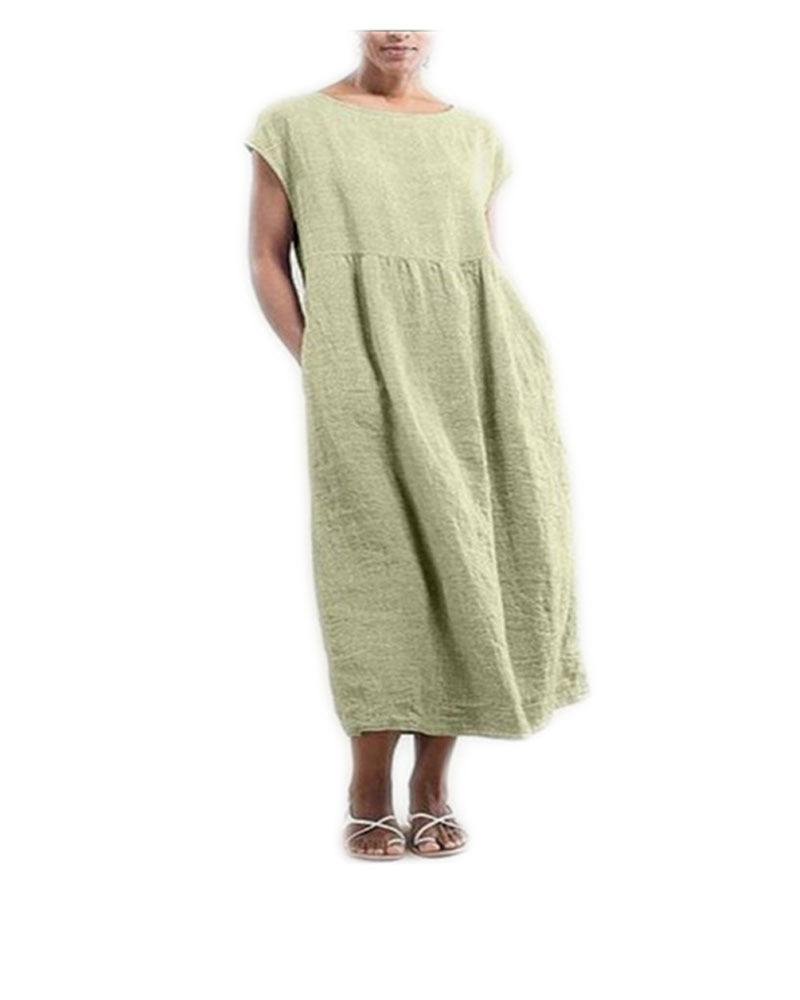 Solid color sleeveless loose cotton and linen pocket dress green