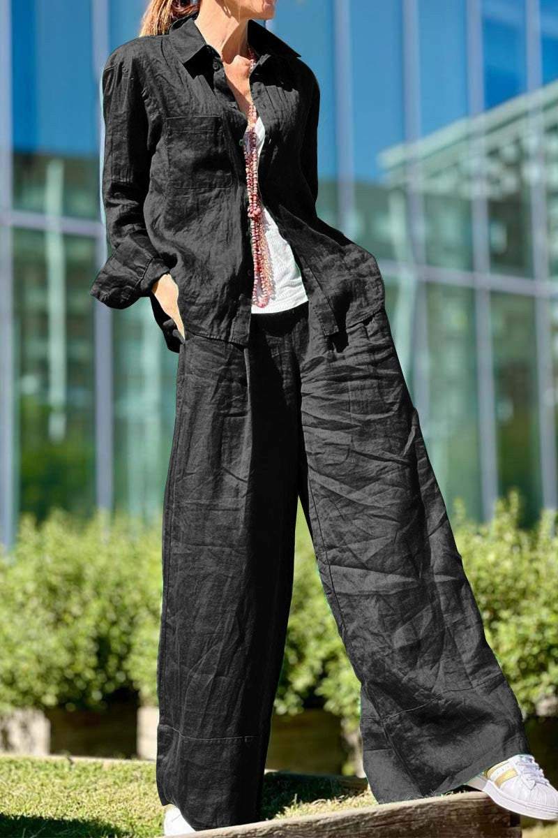 Casual solid color cotton and linen suit Black