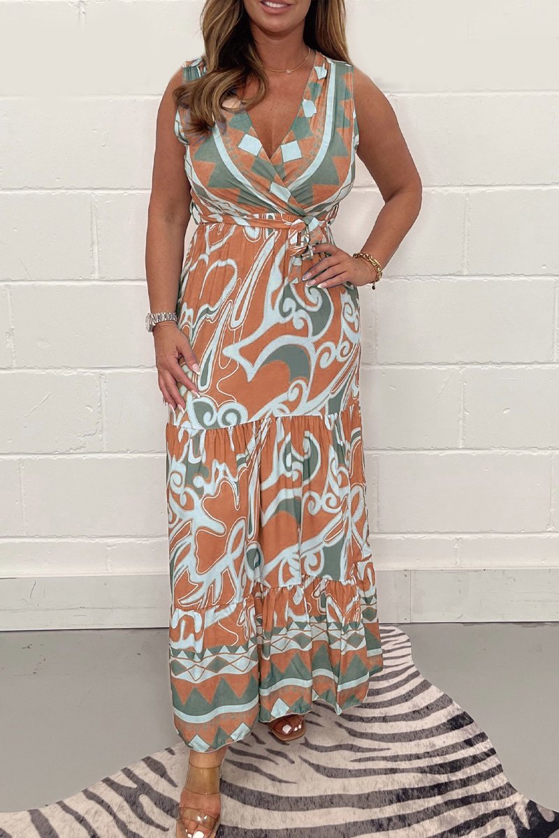 V-neck printed long dress Orange