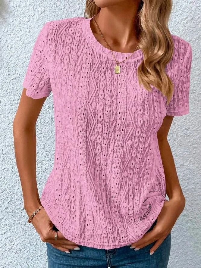 Loose Casual Crew Neck Solid Eyelet Embroidery Round Neck Tee Pink