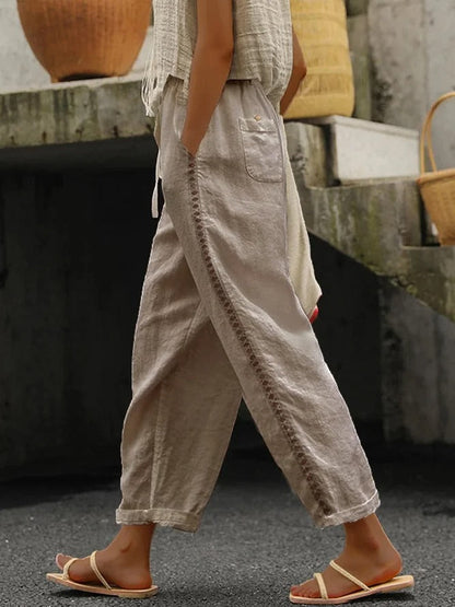 Loose Casual Hollow Out Lace Pockets Drawstring Waist Plain Linen Pants khaki