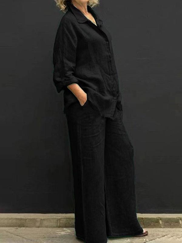 Commuting style shirt top trouser leg pants suit Black