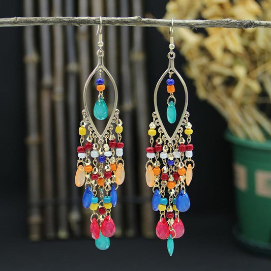 Bohemian Retro Long style Water Drop Earrings Colorblock One Size