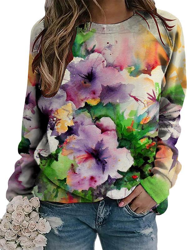 Casual Round Neck Colorful Printed Long Sleeve Top green