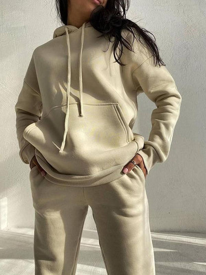 Fleece hooded sweatshirt and trousers two-piece set Apricot