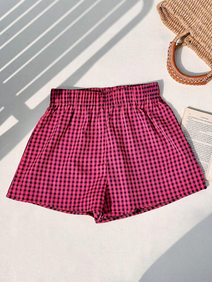 Plaid Print Casual Shorts rose red