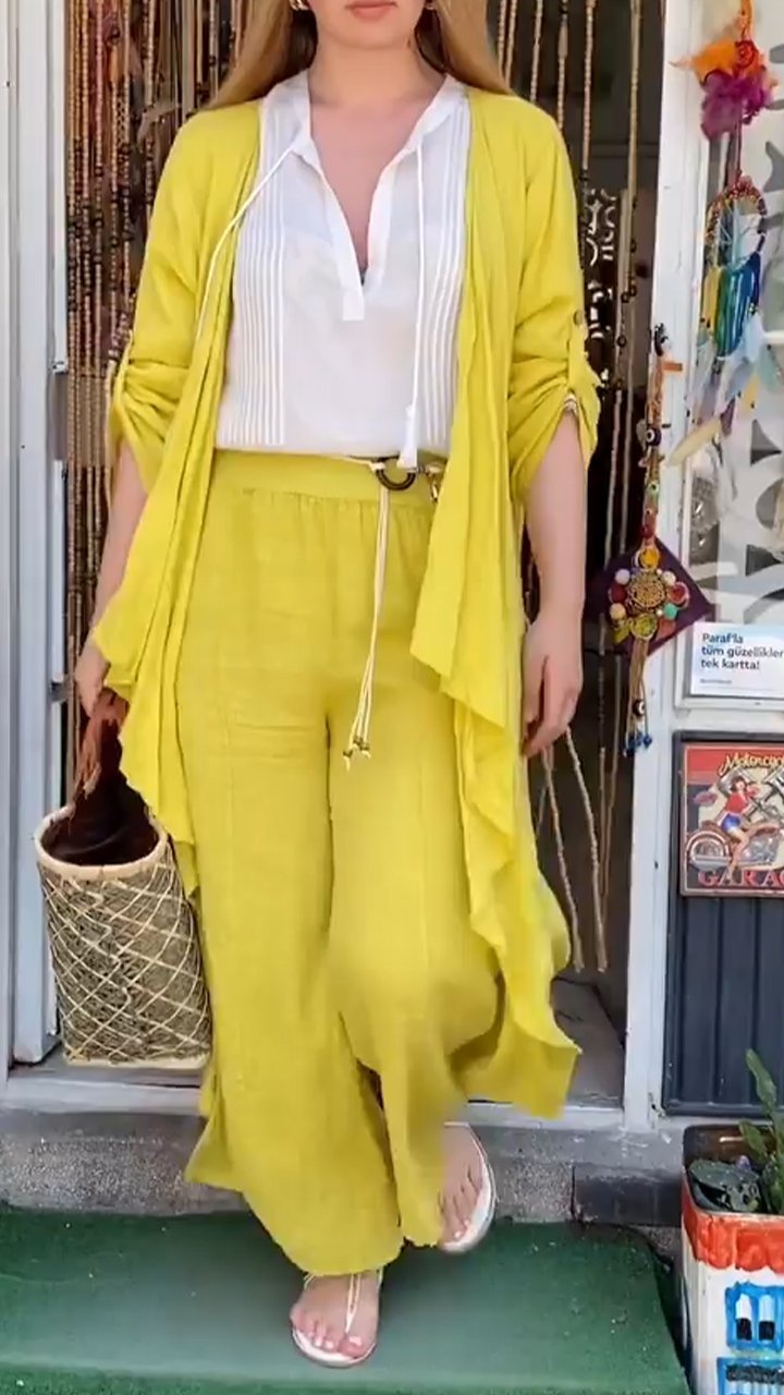 Solid Color Irregular Cardigan + Wide-leg Pants Casual Two-piece Suit yellow