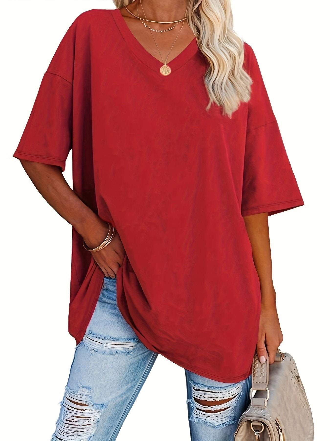 Solid V Neck T shirt Plus Size Casual Half Red