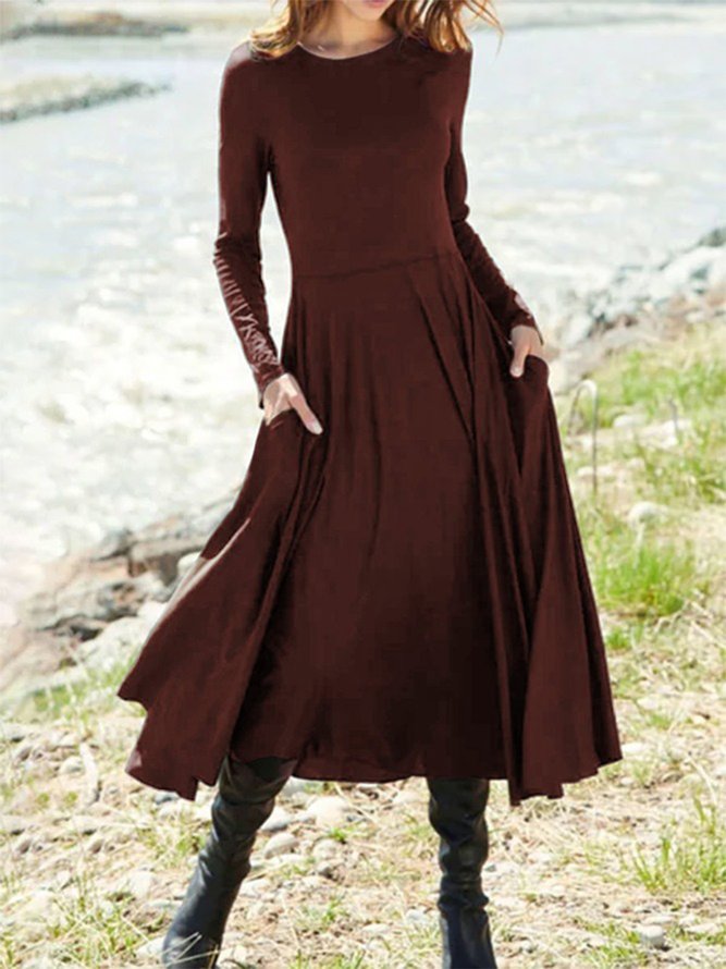 Crew Neck Plain Jersey Casual Midi Dress Brown