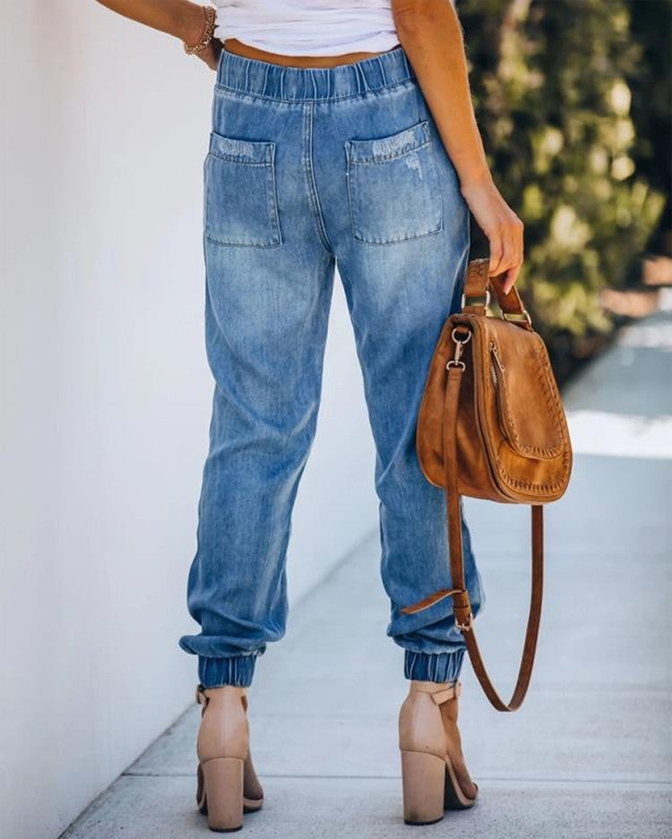 High-waisted slim ripped loose-fit jeans