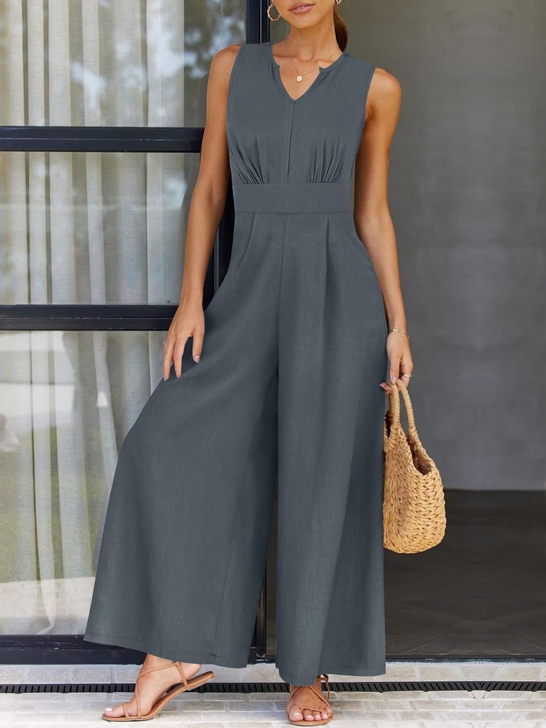 Casual V-neck Sleeveless Jumpsuit dark gray