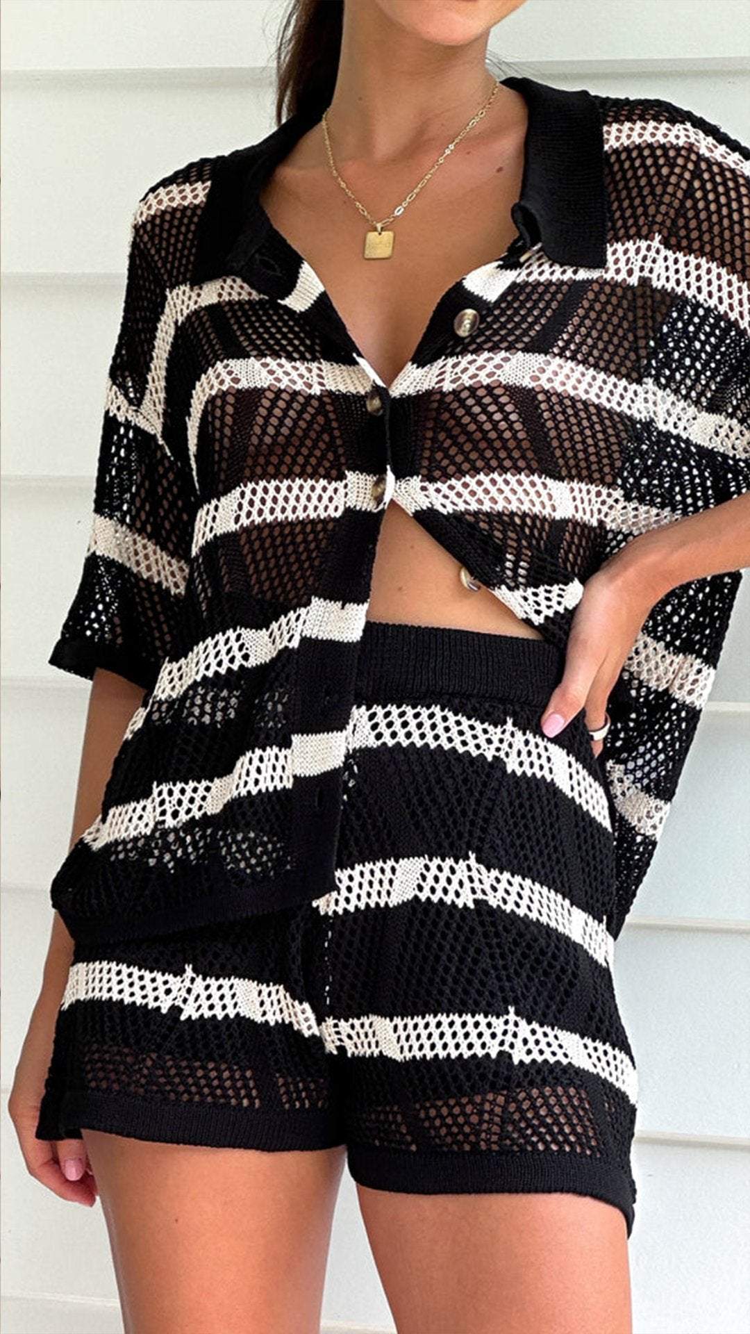 Women's Lapel Short Sleeved Hollowed Out Striped Casual Suit