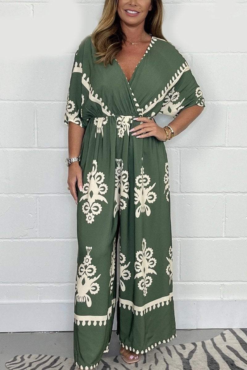 Printed Cross Front Jumpsuit Army green