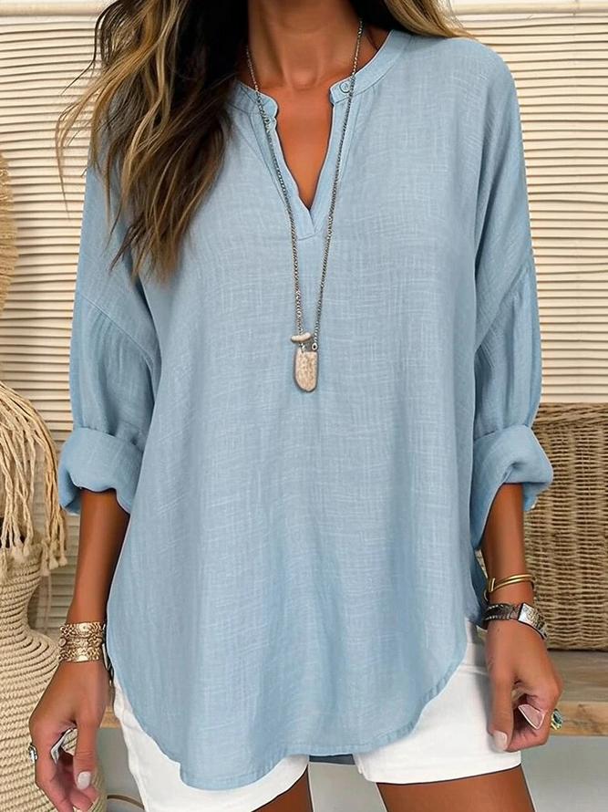 V Neck Long Sleeve Plain Regular Loose Shirt For Women Blue