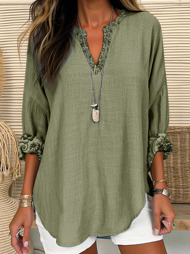 Women's V-neck Casual Printed Long-sleeved Shirt green