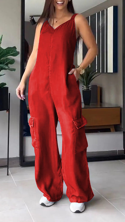 Thin Denim Cargo Pocket V-neck Jumpsuit red