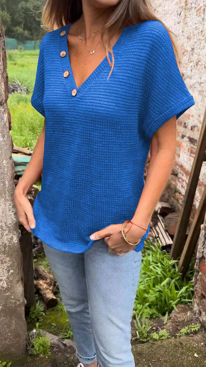 Knitted Cotton and Linen V-neck Top blue