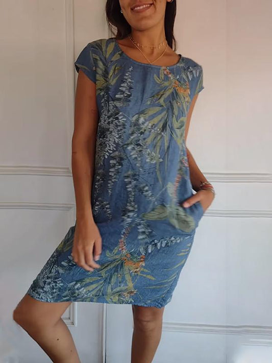 Women's Cotton and Linen Round Neck Printed Dress blue