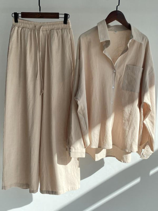 Women's Vintage Plus-size Cotton Linen Shirt Set High-waisted Slacks 2-piece Set Apricot