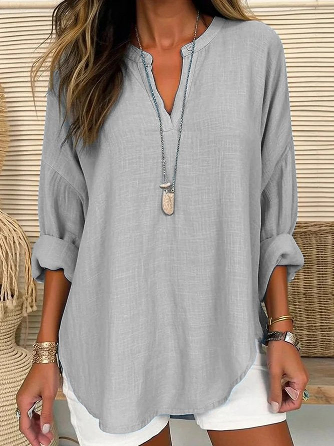 V Neck Long Sleeve Plain Regular Loose Shirt For Women Grey