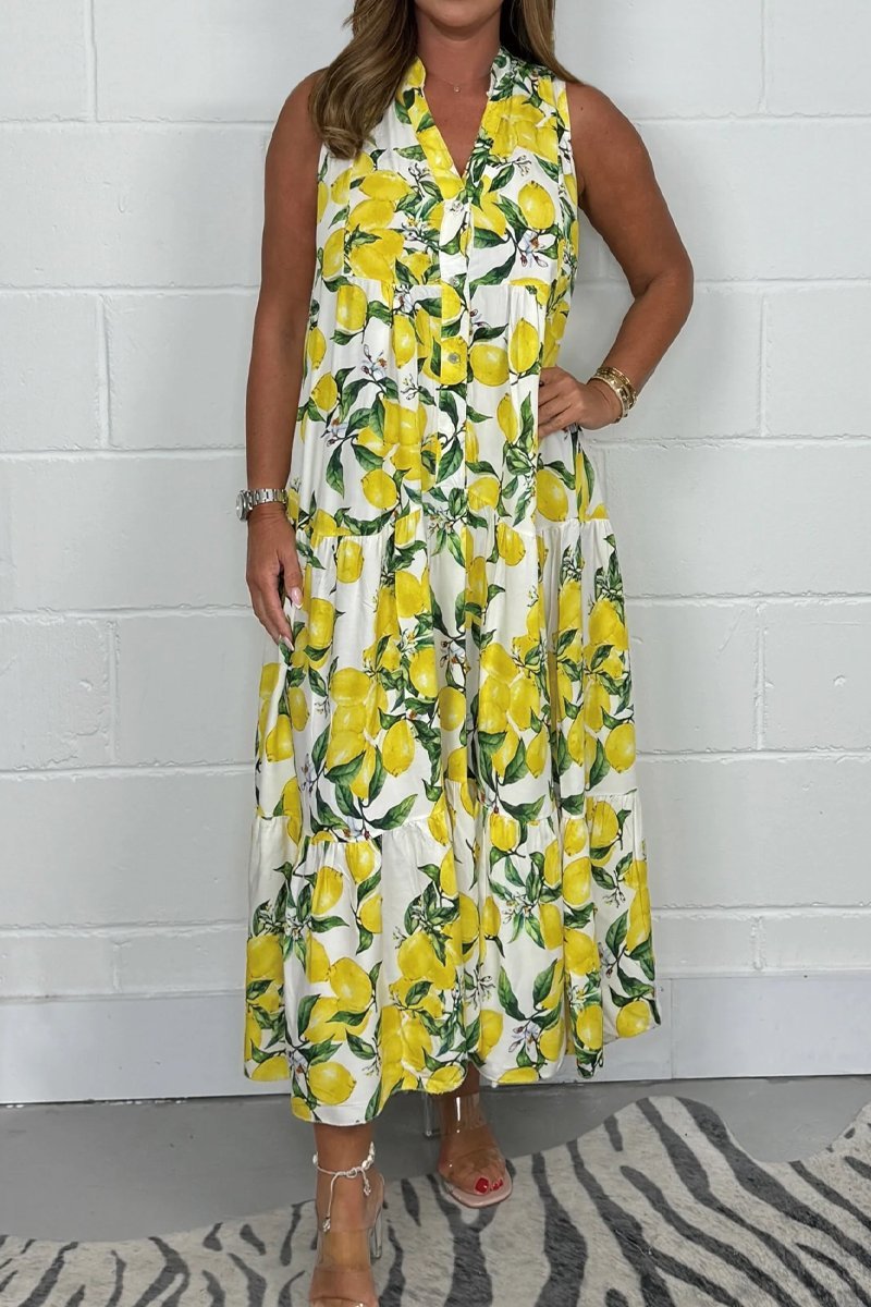 Women's Lemon Print Sleeveless Maxi Dress