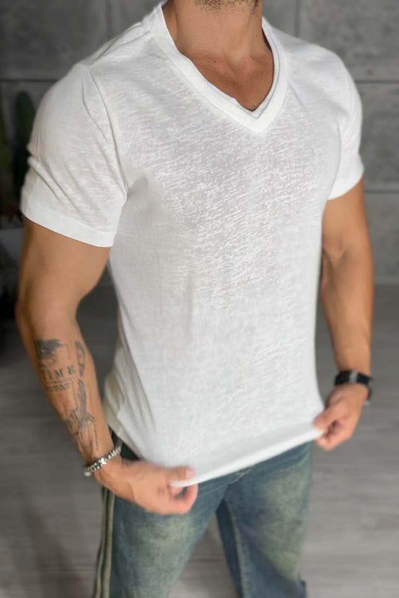 Men's Casual V-Neck Slim Fit Solid Color Short Sleeve T-Shirt