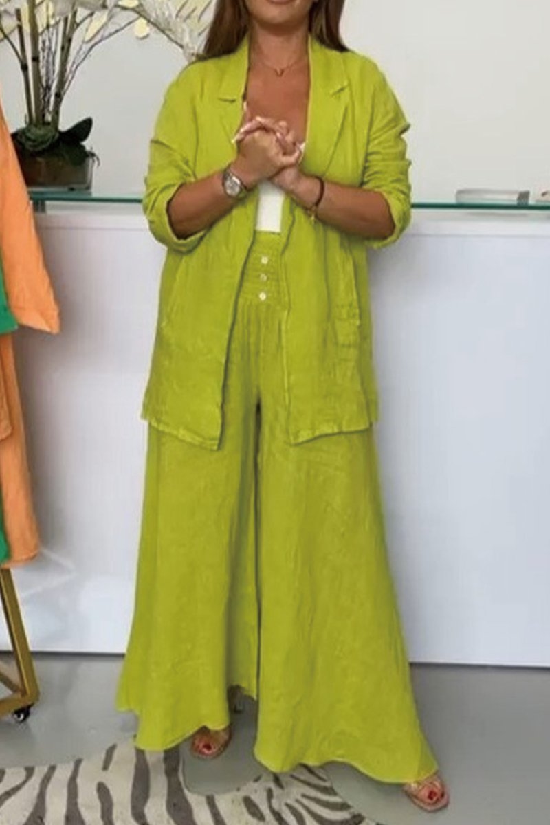 Cotton and linen jacket and pants suit Mustard green