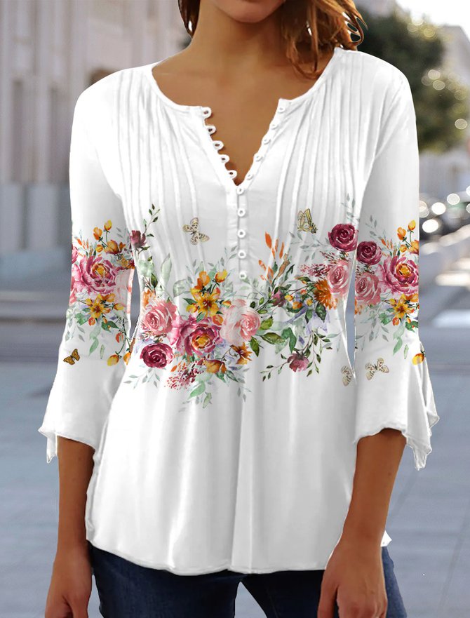 Women's Ethnic Casual V-neck A-Line Tops White