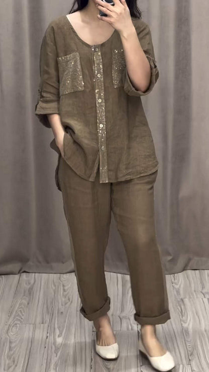 Cotton and Linen Sequined Round Neck Mid-sleeve Two-piece Suit brown