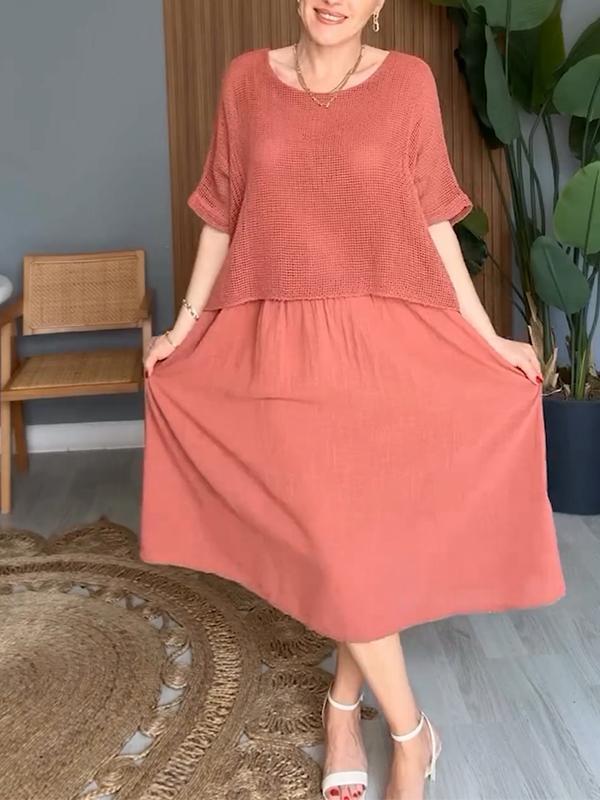 Women's Round Neck Blouse with Sleeveless Long Skirt Two-piece Suit