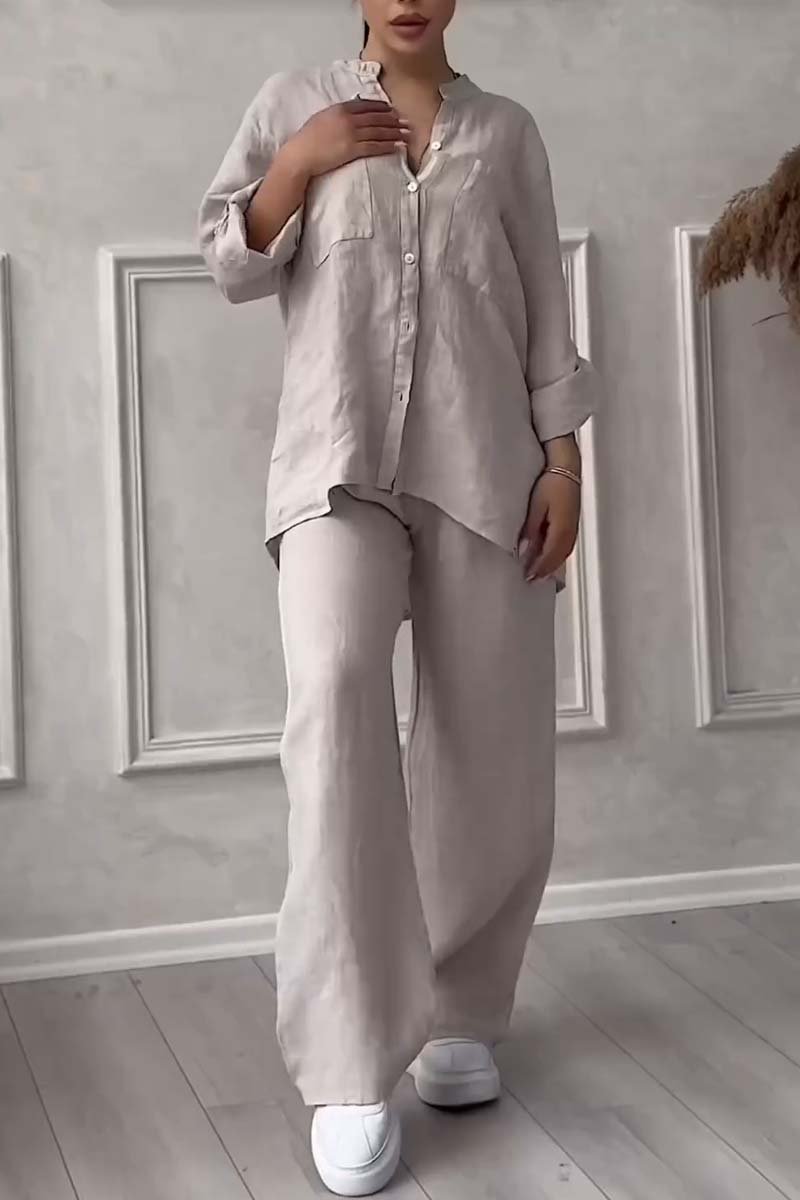 Casual solid color cotton and linen pants two-piece set Apricot