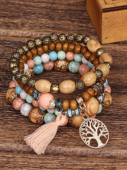 Boho Style Multi-layered Wooden Beaded Bracelet Pink One Size