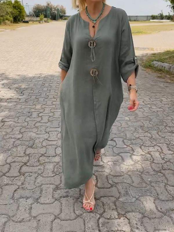 Casual V-neck Cotton and Linen Dress