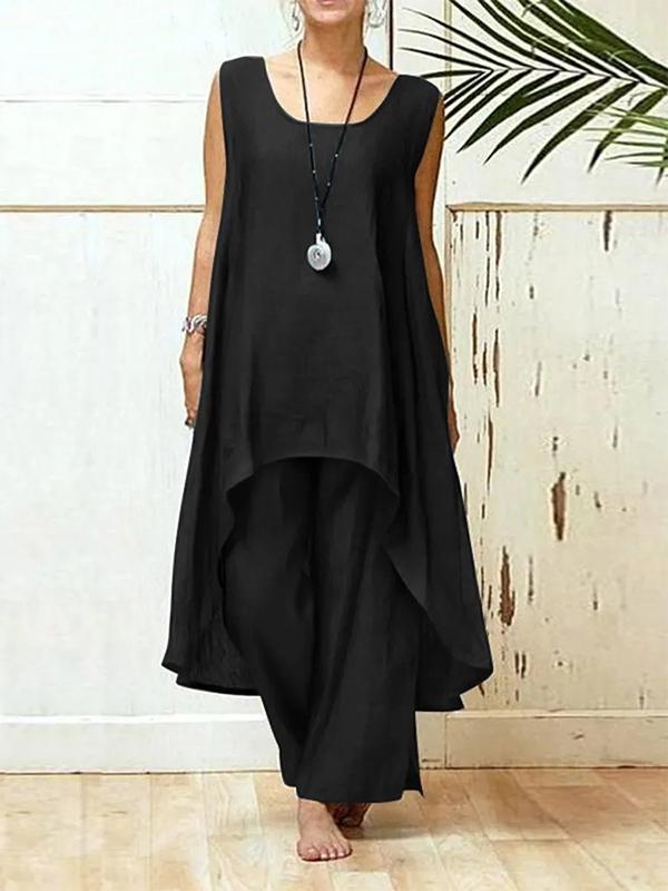 Cotton and Linen Casual Sleeveless Wide-leg Pants Two-piece Set Black