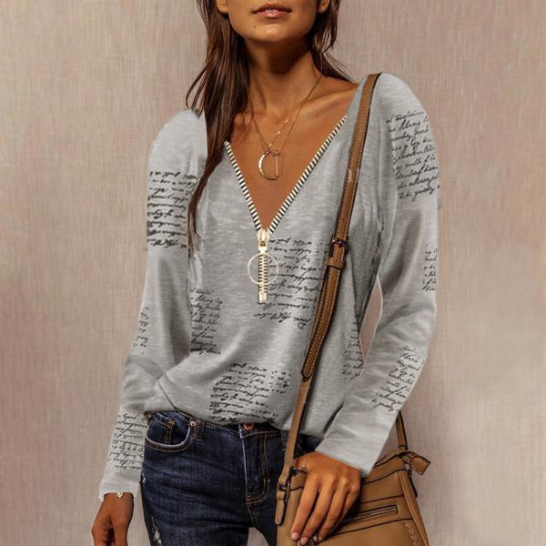 Zipper V-neck English printed long-sleeved casual top for women Grey