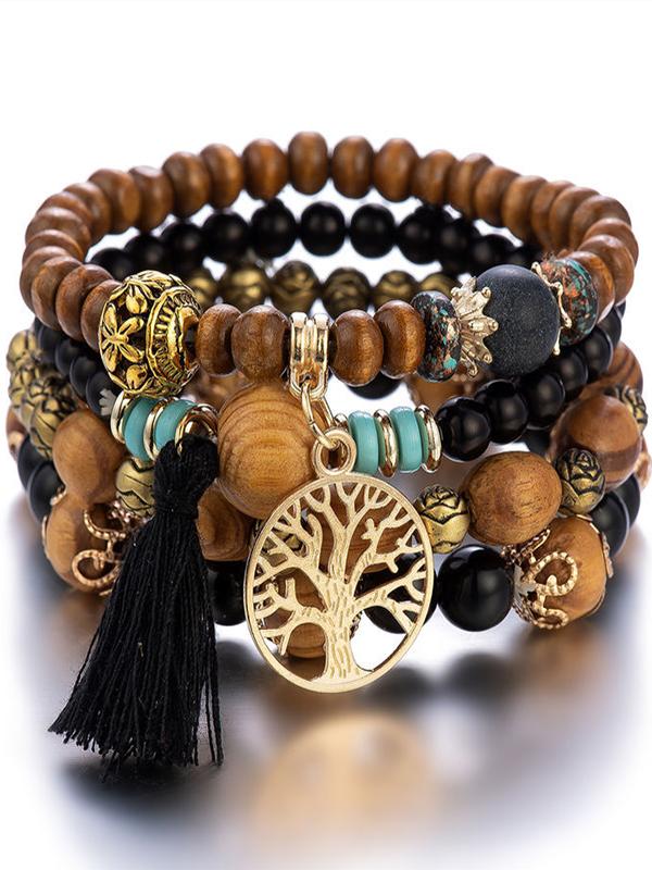 Boho Style Multi-layered Wooden Beaded Bracelet Black One Size