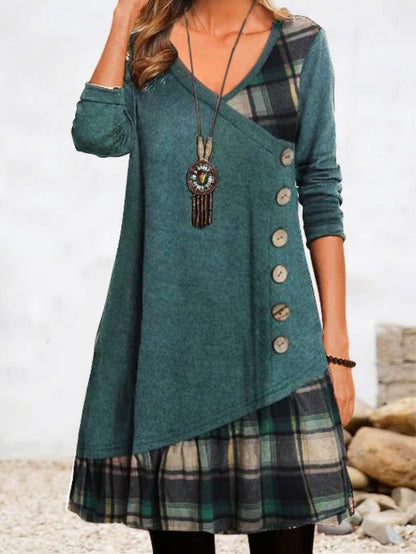 women's autumn and winter new casual stitching long sleeve dress Green