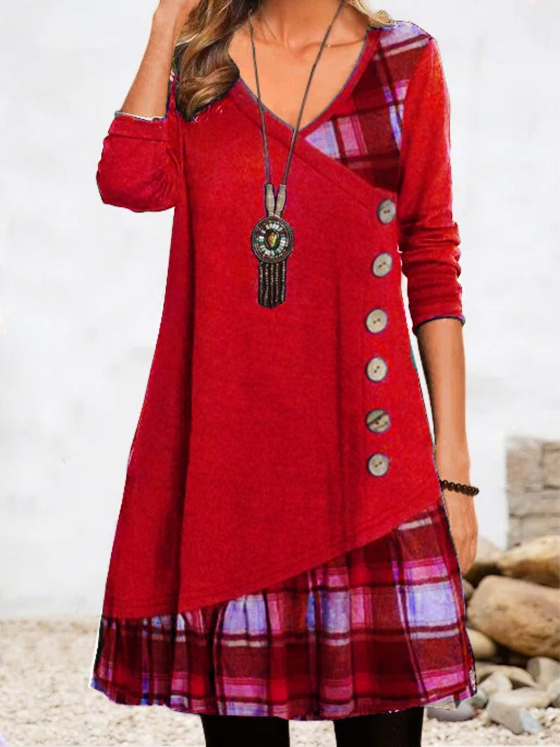 women's autumn and winter new casual stitching long sleeve dress Red