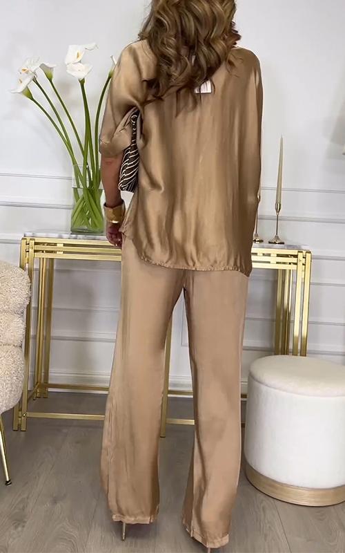 Casual Crew Neck Satin Suit