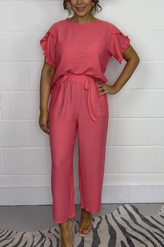 Frill Sleeve Top & trouser Co-Ord Coral