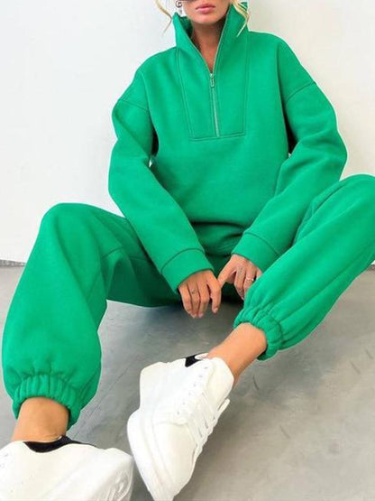 Women's long-sleeved stand-up collar zipper sportswear casual two-piece set Green