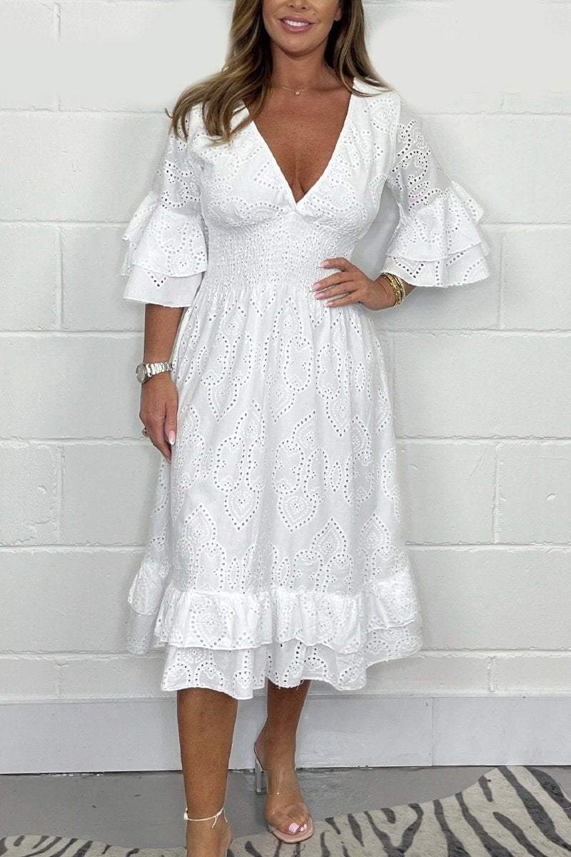 Smocked V Neck Dress White