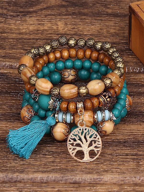 Boho Style Multi-layered Wooden Beaded Bracelet Blue One Size