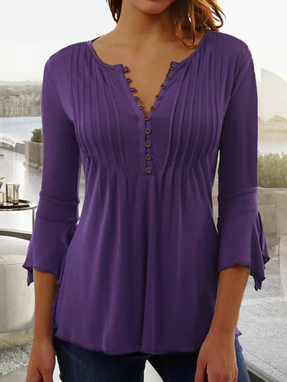 White V Neck Buttoned Basic Casual Plain Ruched Tunic Top Purple