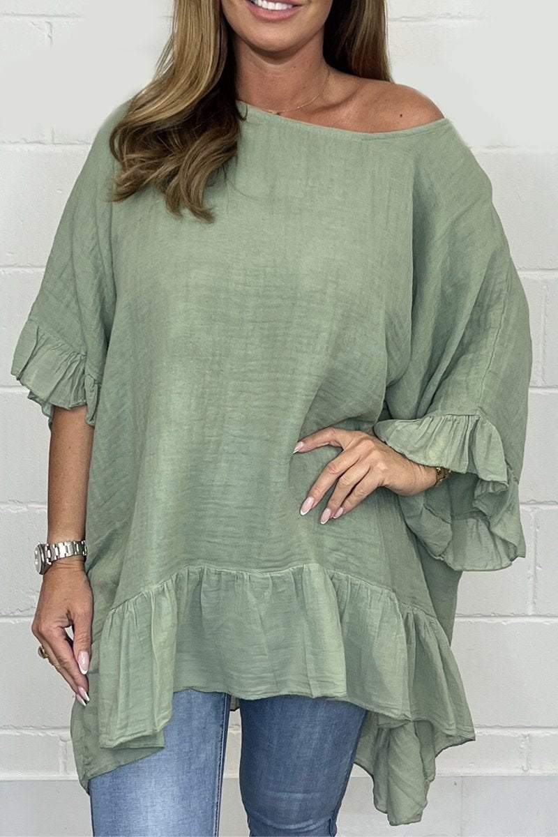 Solid color loose cotton and linen top Army green