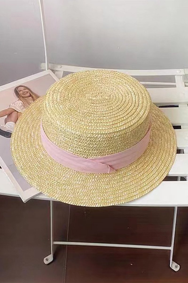 Flat top woven straw hat Pink One size