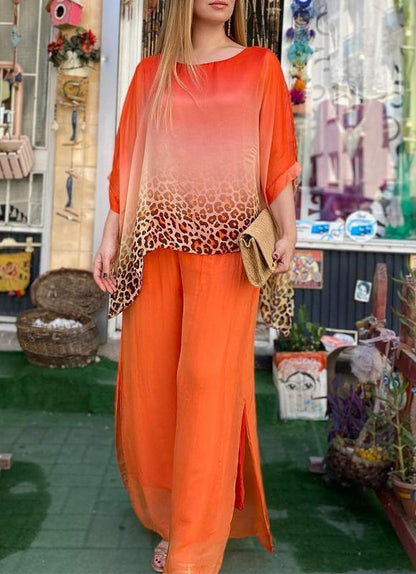 Leopard Print Chiffon Mid-sleeve Casual Two-piece Suit orange