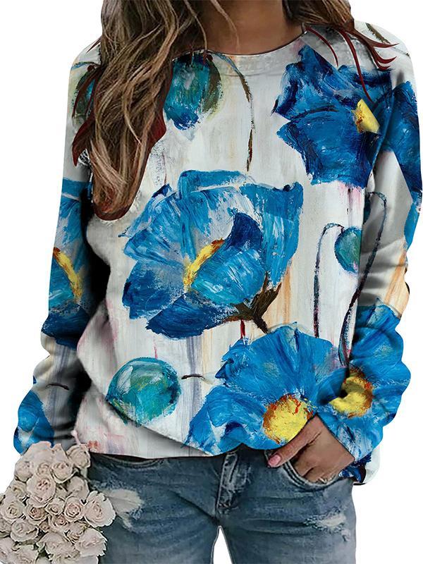 Casual Round Neck Colorful Printed Long Sleeve Top blue